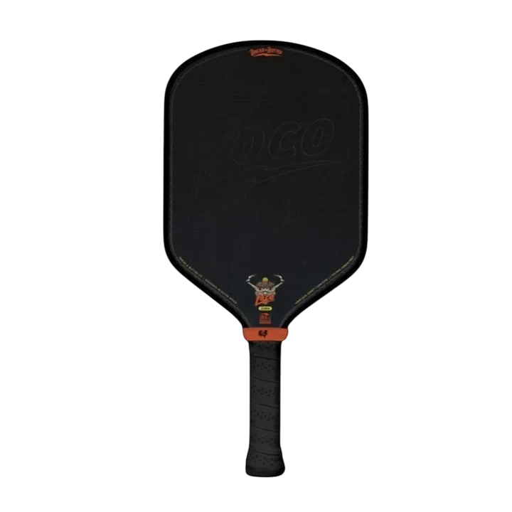 Pickleshop Bread and Butter Loco Hybrid pickleball paddle with black carbon fiber face and orange handle accents.