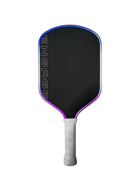 Pickleshop Engage Alpha PRO Gen4 pickleball paddle with raw carbon fiber surface and a gradient edge in blue and purple.