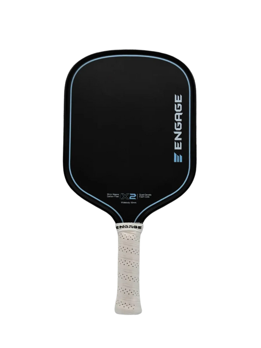 Pickleshop Engage X2 black pickleball paddle with light blue trim and white grip. Features micro-weave carbon fiber face and quad-density foam core.