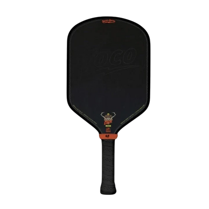 Pickleshop Bread and Butter Loco Hybrid pickleball paddle with black carbon fiber face and orange handle accents.