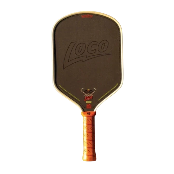 Pickleshop Bread and Butter Loco Hybrid pickleball paddle with black carbon fiber face and orange perforated grip