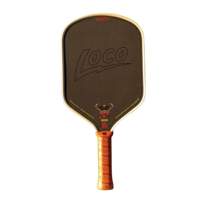Pickleshop Bread and Butter Loco Hybrid pickleball paddle with black carbon fiber face and orange perforated grip