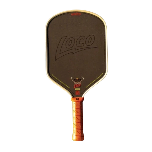 Pickleshop Bread and Butter Loco Hybrid pickleball paddle with black carbon fiber face and orange perforated grip