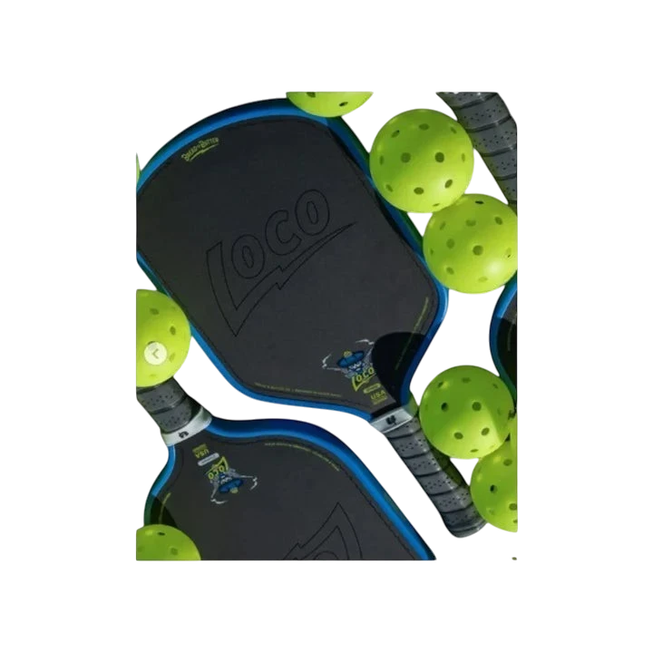 Pickleshop Bread and Butter Loco Hybrid pickleball paddle with black carbon fiber face and blue edge guard