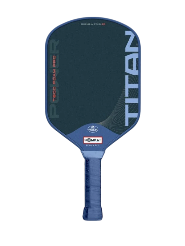 Pickleshop Combat Titan Foam Pro pickleball paddle with blue T800 raw carbon surface and Endura Grit texture