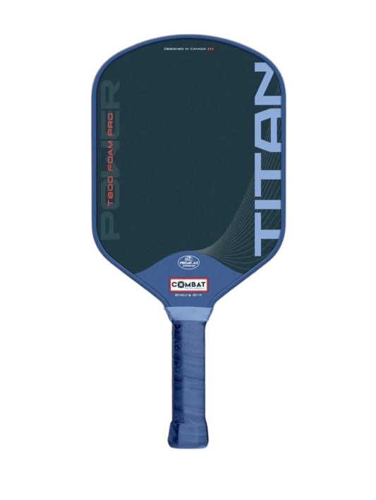 Pickleshop Combat Titan Foam Pro pickleball paddle with blue T800 raw carbon surface and Endura Grit texture