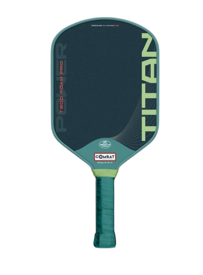 Pickleshop Combat Titan Foam Pro pickleball paddle with dark blue T800 raw carbon surface and teal trim.