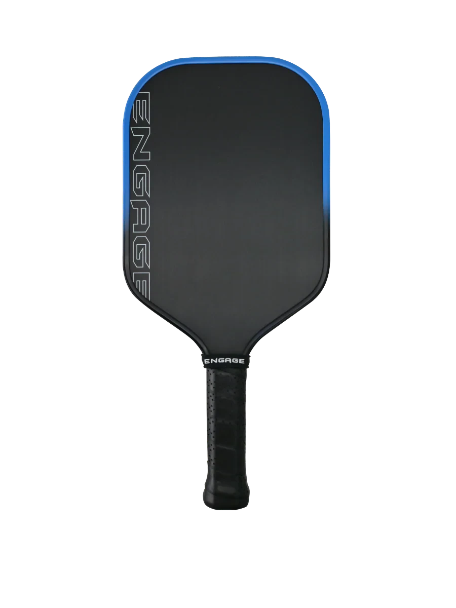 Pickleshop Engage Alpha pickleball paddle in black with blue trim and white Engage logo on the side.