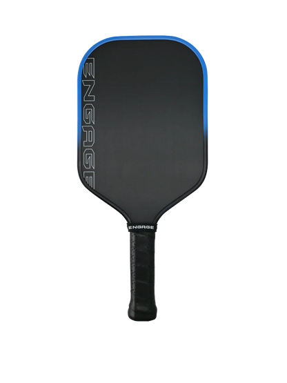 Pickleshop Engage Alpha pickleball paddle in black with blue trim and white Engage logo on the side.