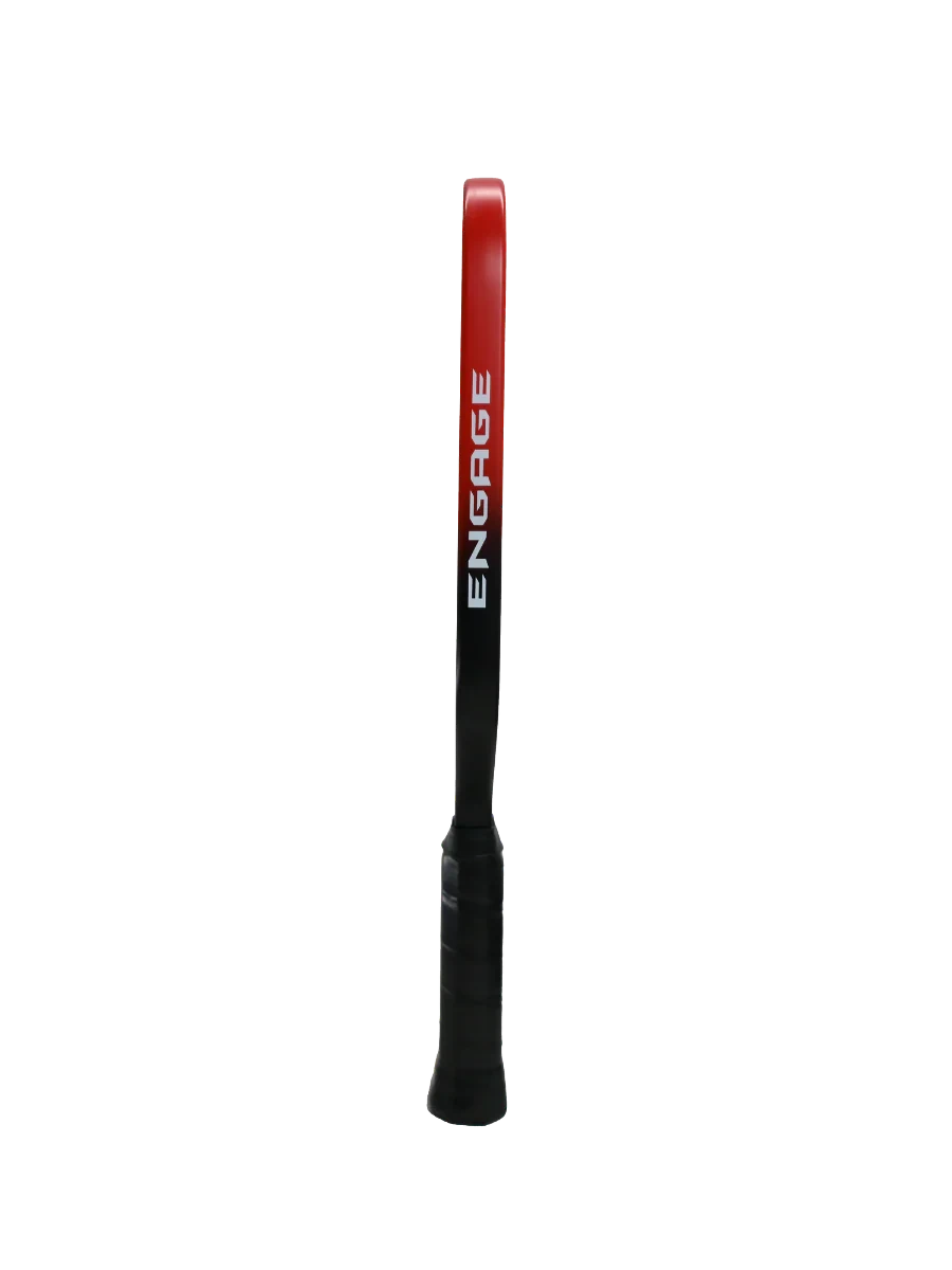 Pickleshop Engage Alpha pickleball paddle in red and black with carbon fiber surface and black grip.