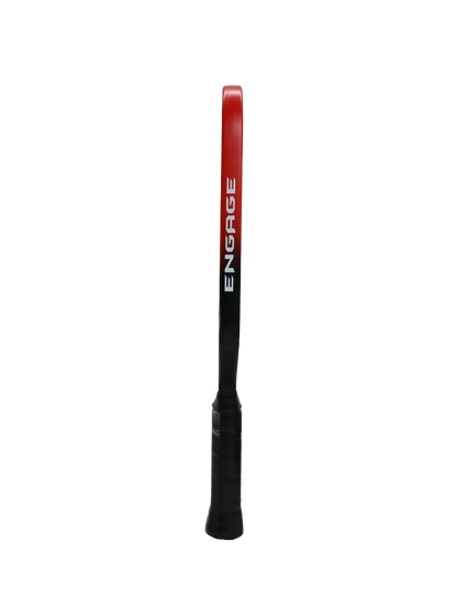 Pickleshop Engage Alpha pickleball paddle in red and black with carbon fiber surface and black grip.