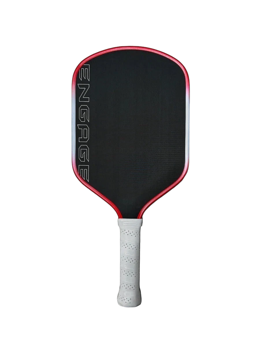 Pickleshop Engage Alpha PRO Gen4 pickleball paddle with black raw carbon fiber surface and red trim. White grip.