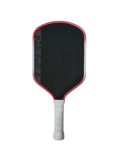 Pickleshop Engage Alpha PRO Gen4 pickleball paddle with black raw carbon fiber surface and red trim. White grip.