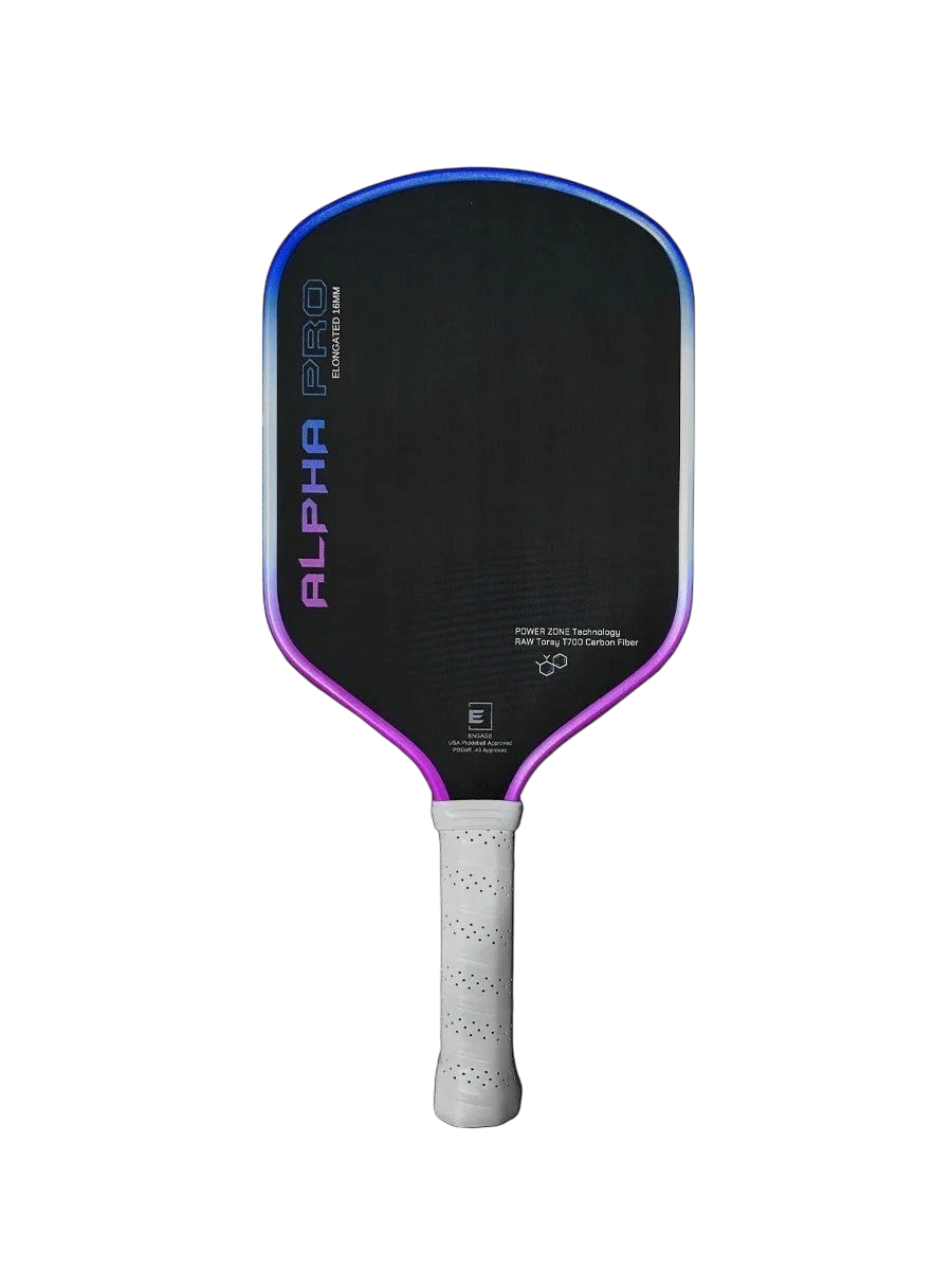 Pickleshop Engage Alpha PRO Gen4 pickleball paddle with raw carbon fiber surface and purple/blue edge.
