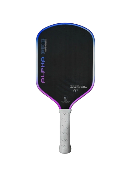 Pickleshop Engage Alpha PRO Gen4 pickleball paddle with raw carbon fiber surface and purple/blue edge.