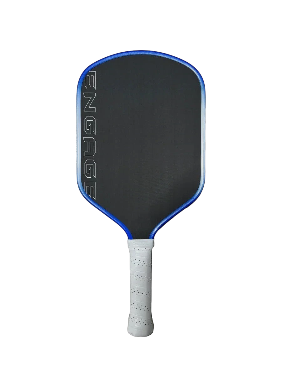 Pickleshop Engage Alpha PRO Gen4 pickleball paddle with black raw carbon fiber face and blue trim. White grip.