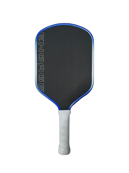 Pickleshop Engage Alpha PRO Gen4 pickleball paddle with black raw carbon fiber face and blue trim. White grip.