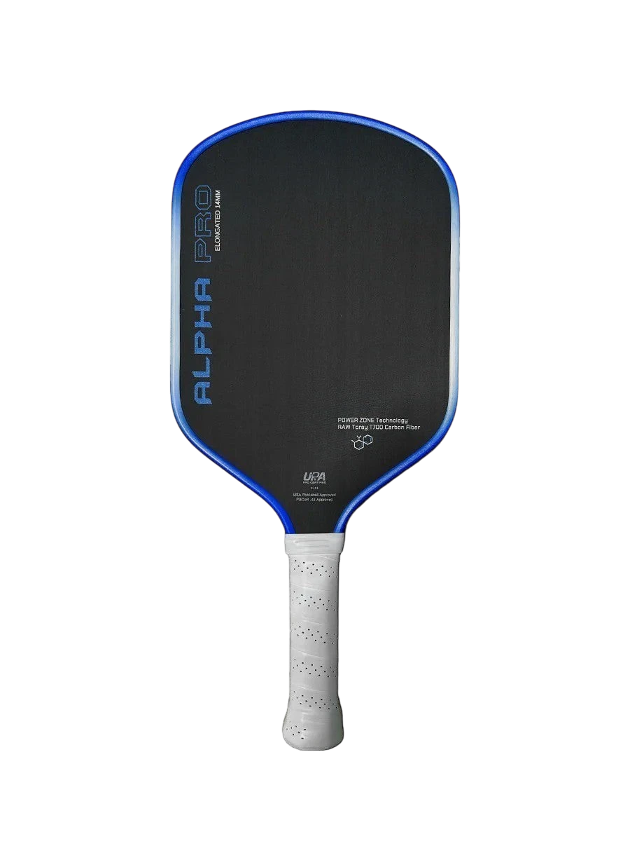 Pickleshop Engage Alpha PRO Gen4 pickleball paddle in black with blue trim, raw carbon fiber surface, and white grip.