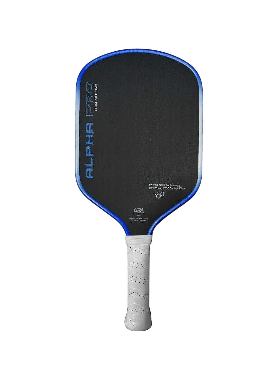 Pickleshop Engage Alpha PRO Gen4 pickleball paddle, black with blue trim, raw carbon fiber surface, and white grip.