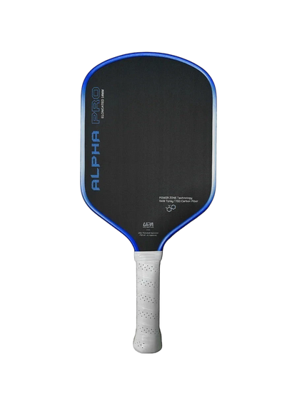 Pickleshop Engage Alpha PRO Gen4 pickleball paddle, black with blue trim, raw carbon fiber surface, and white grip.