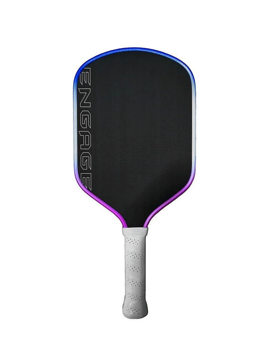 Pickleshop Engage Alpha PRO Gen4 pickleball paddle with raw carbon fiber surface and a gradient edge in blue and purple.