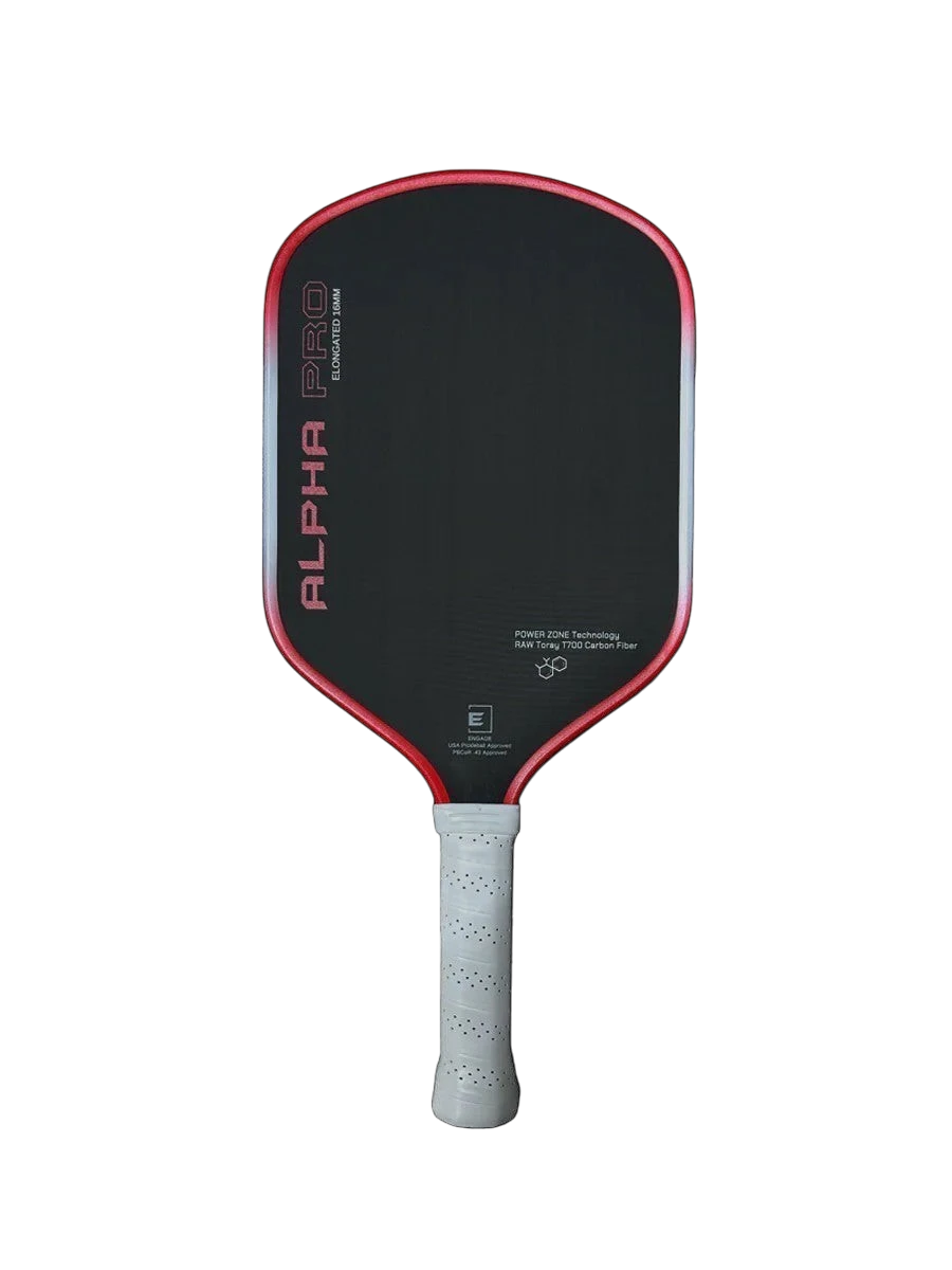 Pickleshop Engage Alpha PRO Gen4 pickleball paddle in black with red trim, raw carbon fiber surface, and white grip.