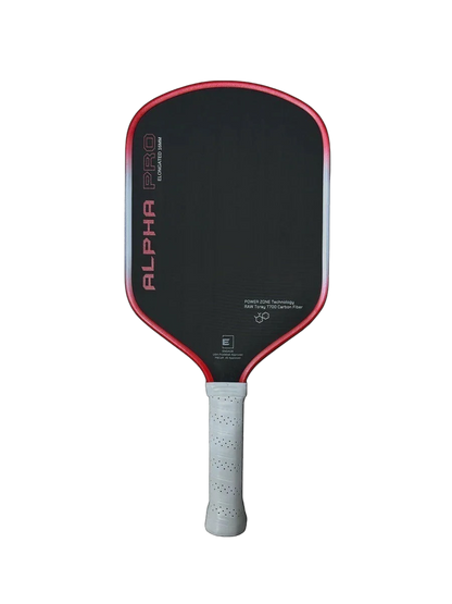 Pickleshop Engage Alpha PRO Gen4 pickleball paddle in black with red trim, raw carbon fiber surface, and white grip.
