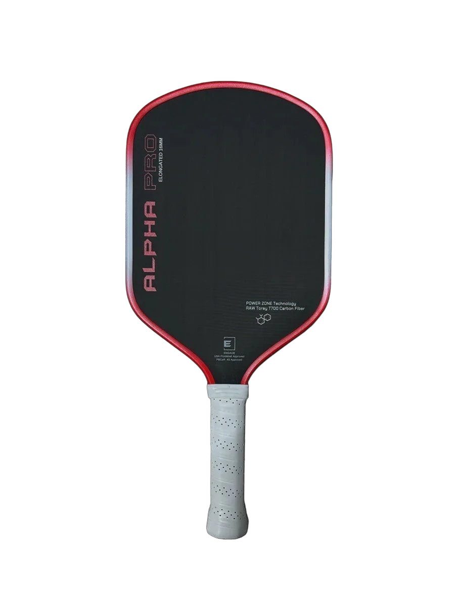 Pickleshop Engage Alpha PRO Gen4 pickleball paddle in black with red trim, raw carbon fiber surface, and white grip.