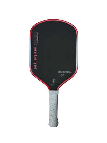 Pickleshop Engage Alpha PRO Gen4 pickleball paddle in black with red trim, raw carbon fiber surface, and white grip.