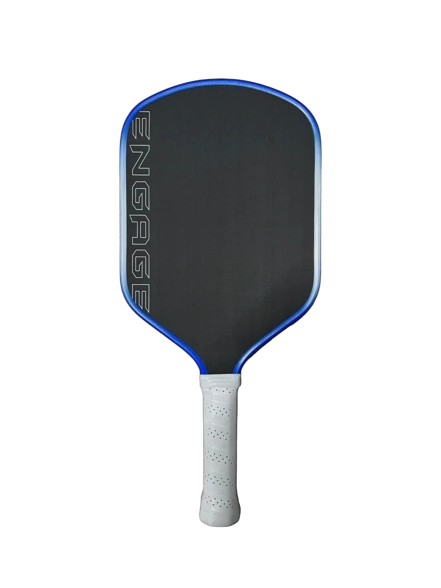 Pickleshop Engage Alpha PRO Gen4 pickleball paddle with black raw carbon fiber face and blue trim. White grip.