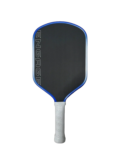 Pickleshop Engage Alpha PRO Gen4 pickleball paddle with black raw carbon fiber face and blue trim. White grip.