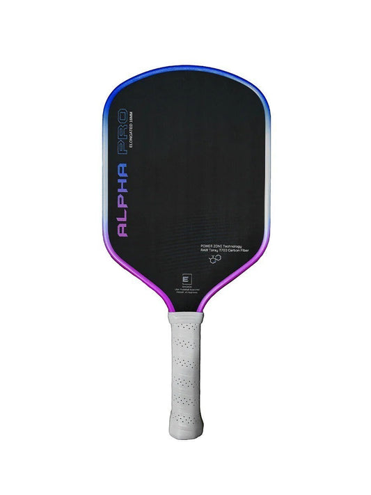 Pickleshop Engage Alpha PRO Gen4 pickleball paddle with raw carbon fiber surface and a gradient edge in purple and blue.