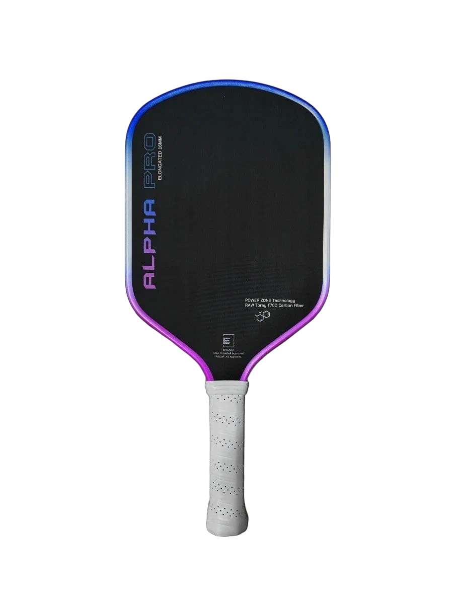 Pickleshop Engage Alpha PRO Gen4 pickleball paddle with raw carbon fiber surface and a gradient edge in purple and blue.
