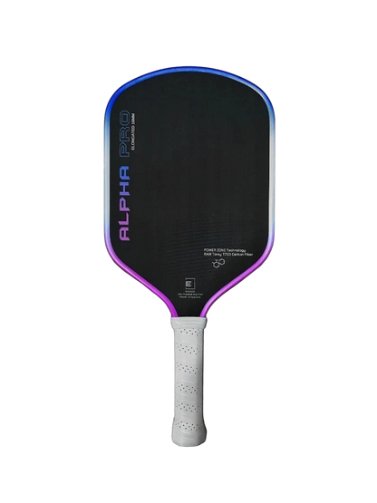 Pickleshop Engage Alpha PRO Gen4 pickleball paddle with raw carbon fiber surface and a gradient edge in purple and blue.