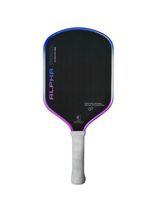 Pickleshop Engage Alpha PRO Gen4 pickleball paddle with raw carbon fiber surface and a gradient edge in purple and blue.