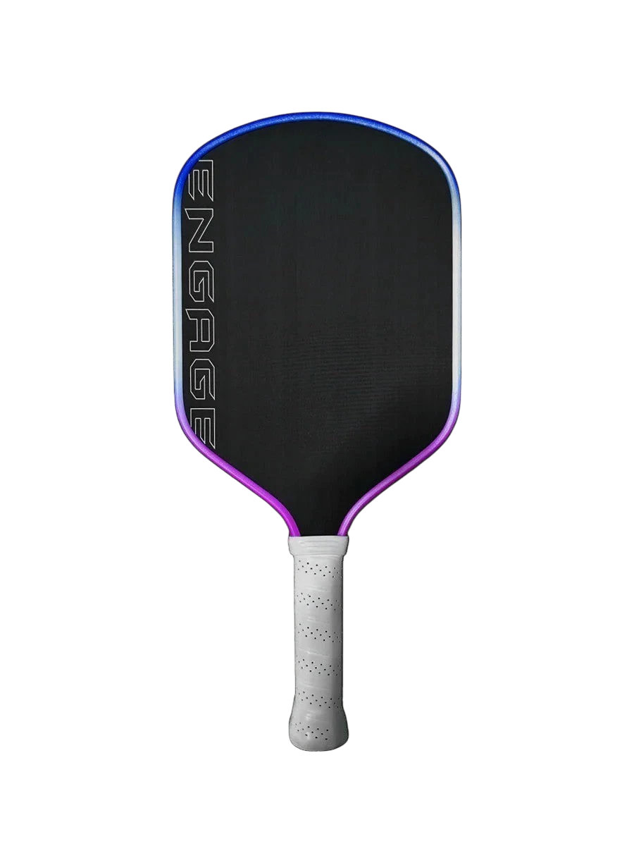 Pickleshop Engage Alpha PRO Gen4 pickleball paddle with raw carbon fiber surface and purple/blue edge.