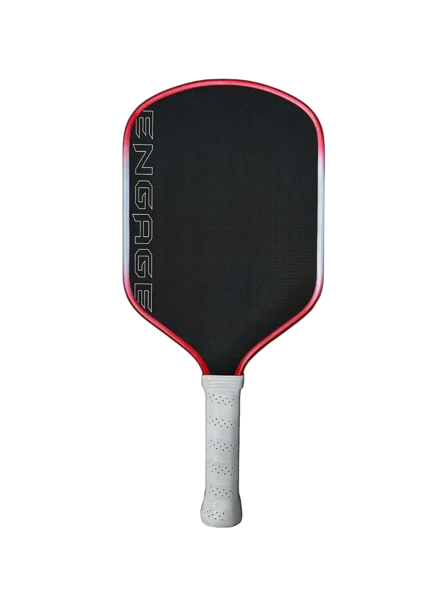 Pickleshop Engage Alpha PRO Gen4 pickleball paddle with raw carbon fiber surface and red trim. White grip.
