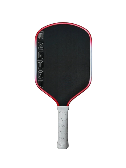 Pickleshop Engage Alpha PRO Gen4 pickleball paddle with raw carbon fiber surface and red trim. White grip.