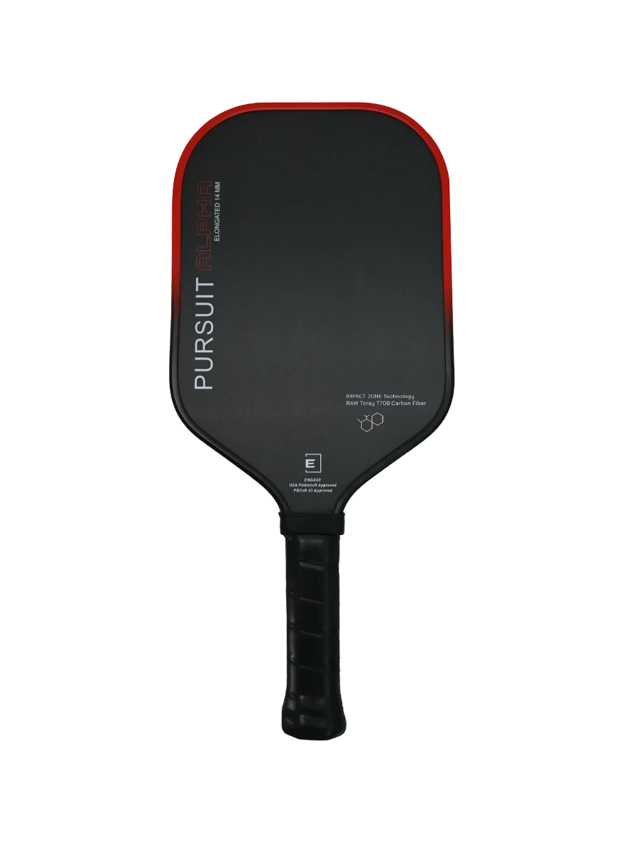 Pickleshop Engage Pursuit Alpha pickleball paddle in black with red accents, carbon fiber surface, and black grip.