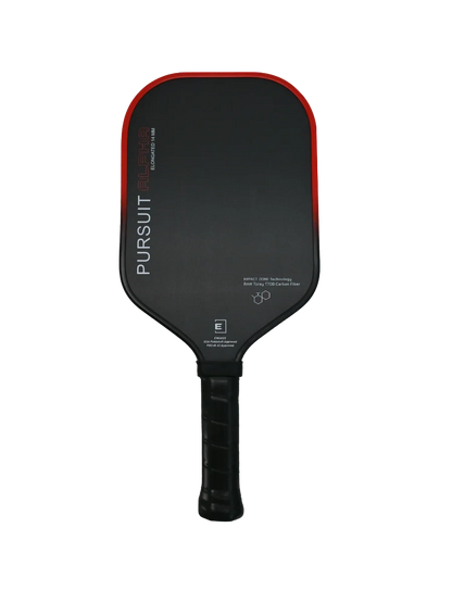 Pickleshop Engage Pursuit Alpha pickleball paddle in black with red accents, carbon fiber surface, and black grip.