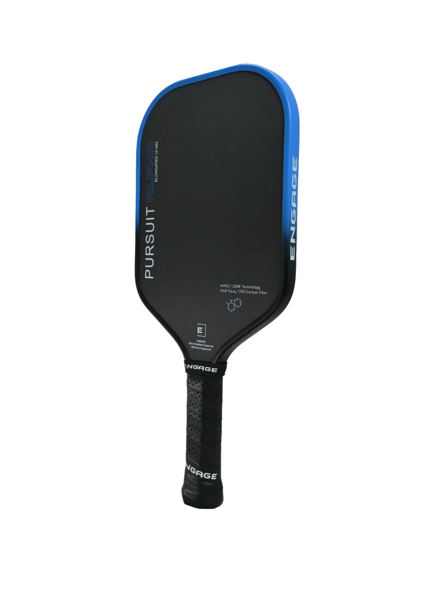 Pickleshop Engage Pursuit Alpha pickleball paddle in black with blue trim and grip. Features carbon fiber surface and USAP approved.