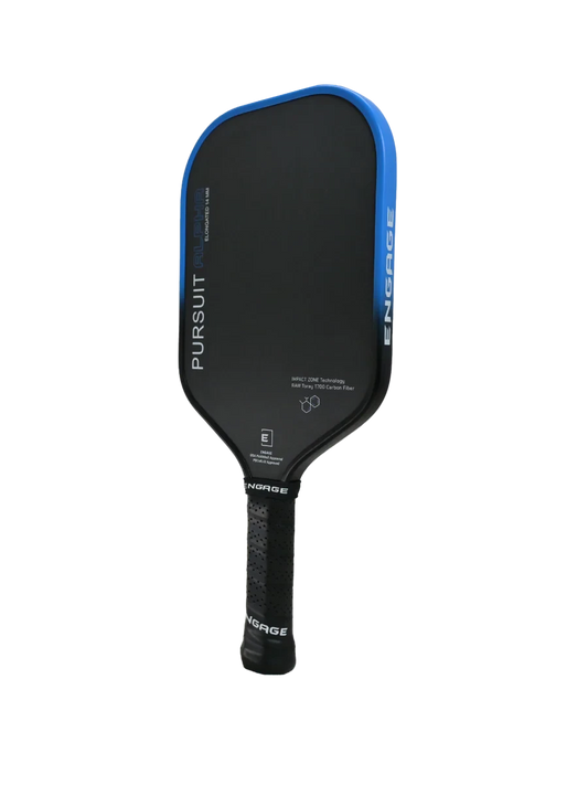Pickleshop Engage Pursuit Alpha pickleball paddle in black with blue trim and grip. Features carbon fiber surface and USAP approved.