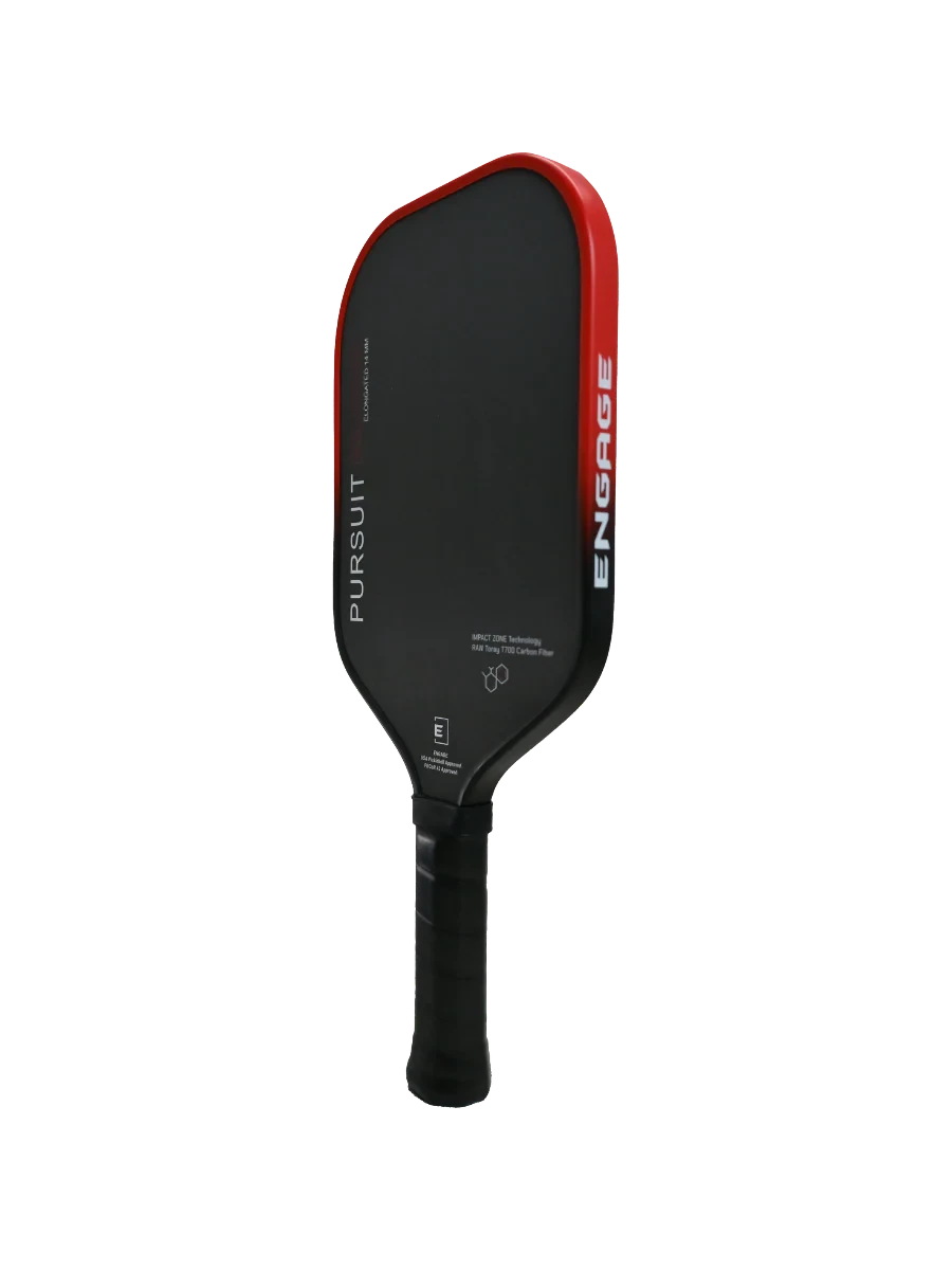 Pickleshop Engage Pursuit Alpha pickleball paddle, black with red trim, carbon fiber surface, and black grip.