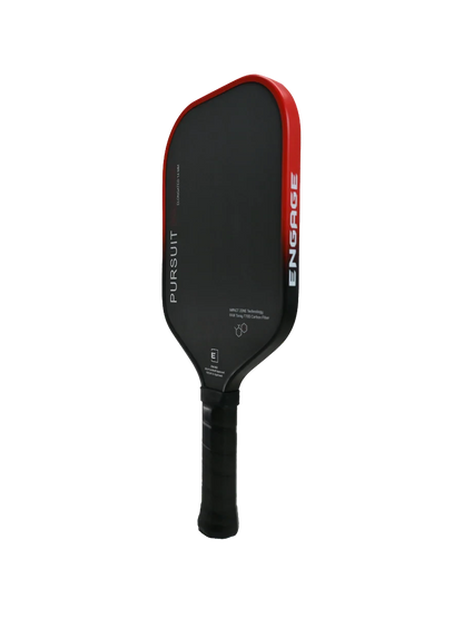 Pickleshop Engage Pursuit Alpha pickleball paddle, black with red trim, carbon fiber surface, and black grip.
