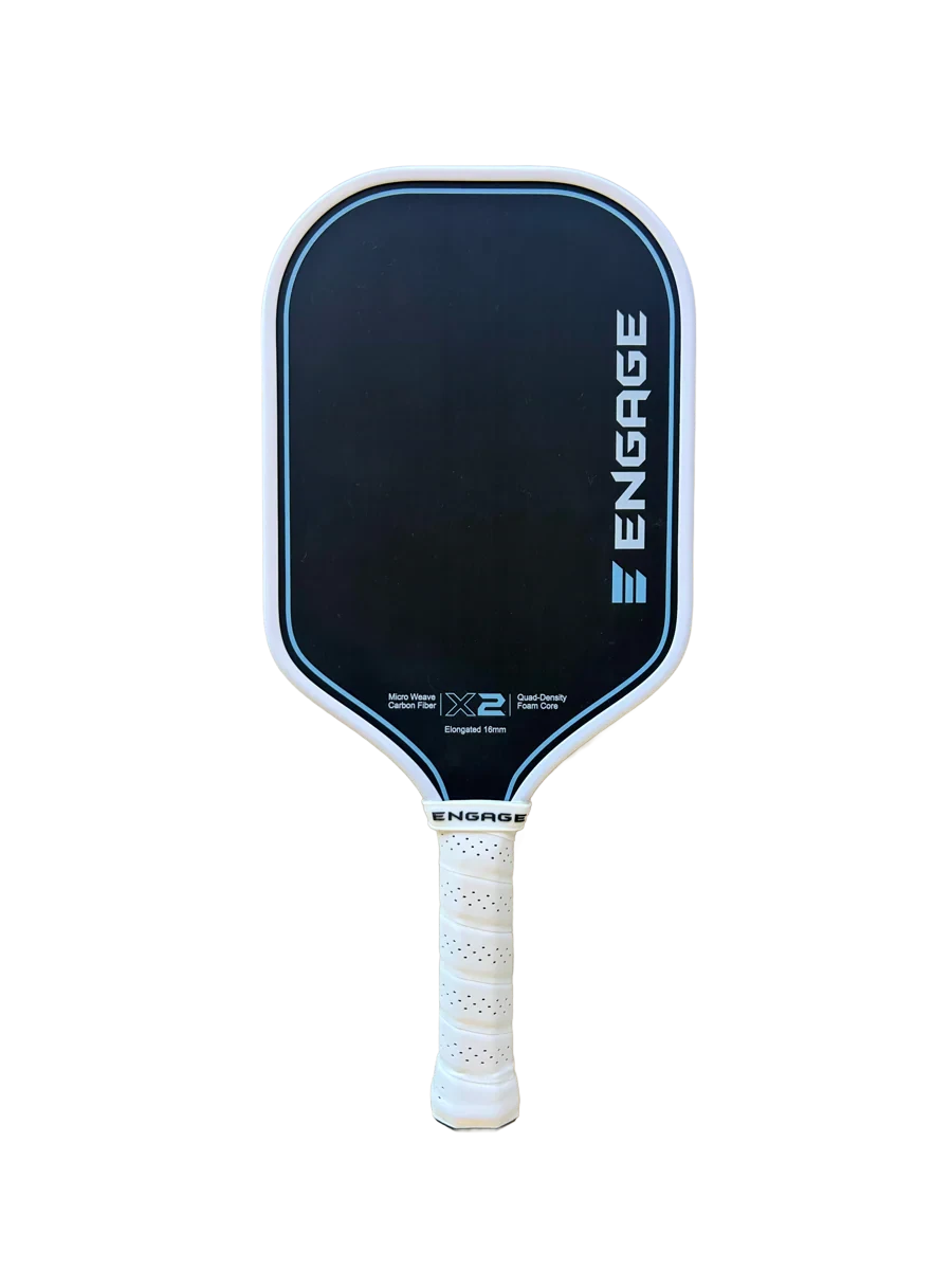 Pickleshop Engage X2 elongated pickleball paddle, black with light blue trim, micro-weave carbon fiber face, quad-density foam core.