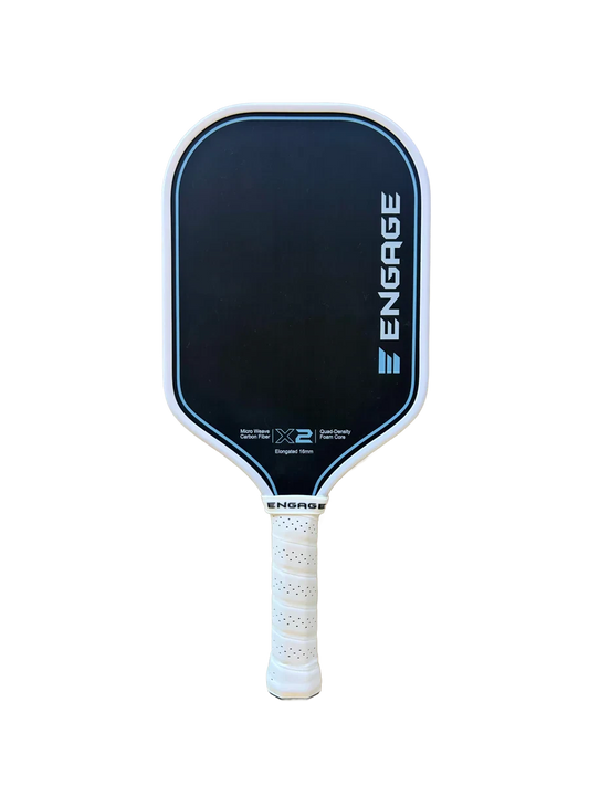 Pickleshop Engage X2 elongated pickleball paddle, black with light blue trim, micro-weave carbon fiber face, quad-density foam core.