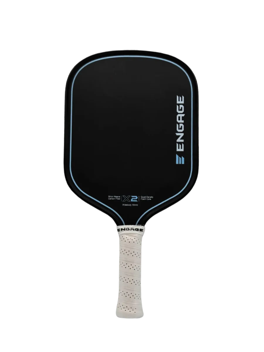 Pickleshop Engage X2 black pickleball paddle with light blue trim and white grip. Features micro-weave carbon fiber face and quad-density foam core.
