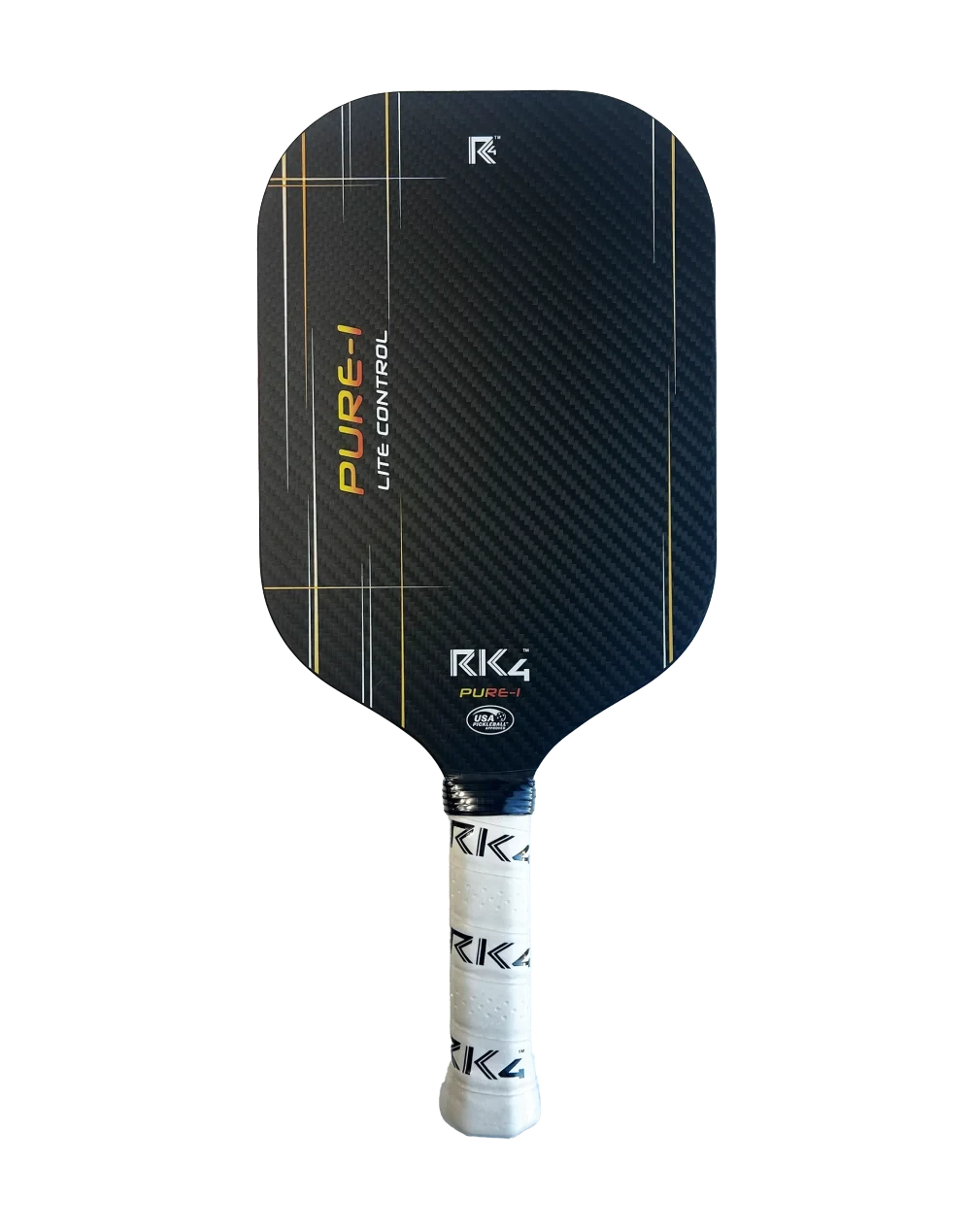 Pickleshop RK4 PURE-1 LITE CONTROL pickleball paddle. Black 3K carbon fiber surface with gold and white accents. USA Pickleball approved.