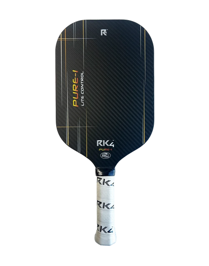 Pickleshop RK4 PURE-1 LITE CONTROL pickleball paddle. Black 3K carbon fiber surface with gold and white accents. USA Pickleball approved.