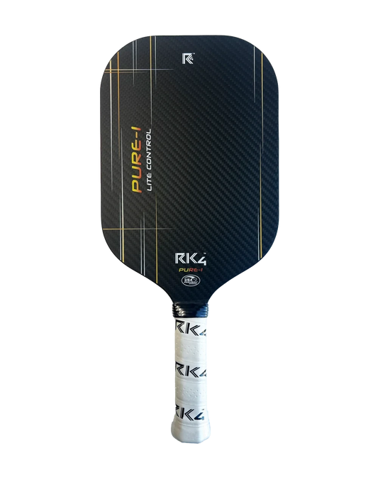 Pickleshop RK4 PURE-1 LITE CONTROL pickleball paddle. Black 3K carbon fiber surface with gold and white accents. USA Pickleball approved.